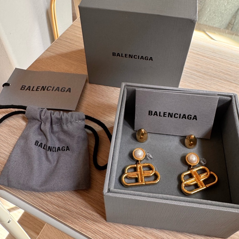 Balenciaga Gold Logo Drop Earrings with Pearl Accents